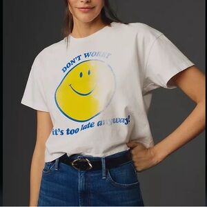 MOTHER Grab Bag White Smiley Face Cropped Tee T-Shirt Don’t Worry Boxy Med